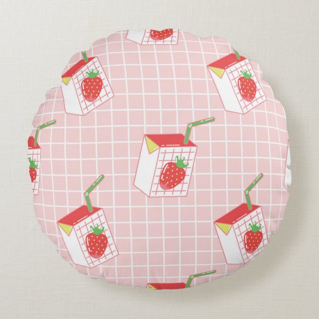 Seamless pattern with cute cartoon strawberry milk round pillow (Front)