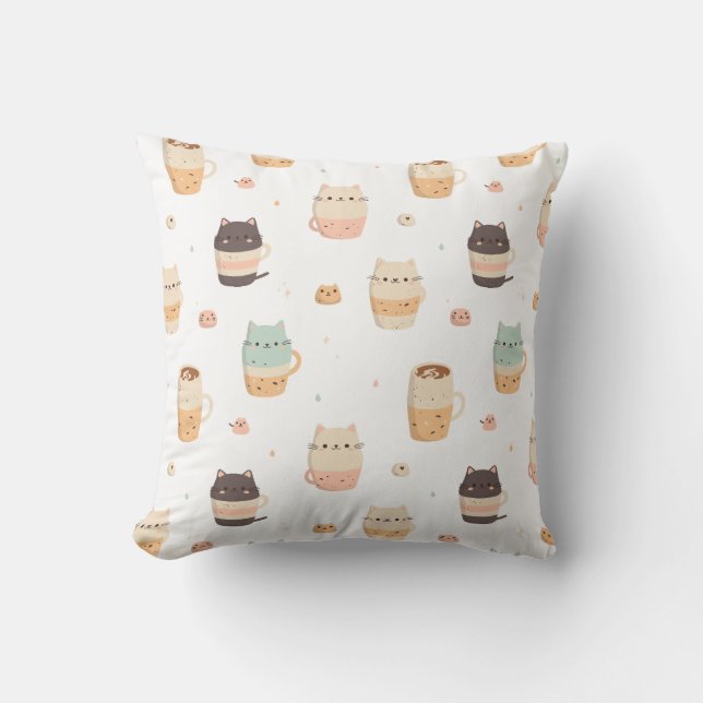Seamless pattern with cute cats in cups throw pillow (Front)