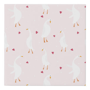 Seamless pattern with cute duck with heart on pink faux canvas print