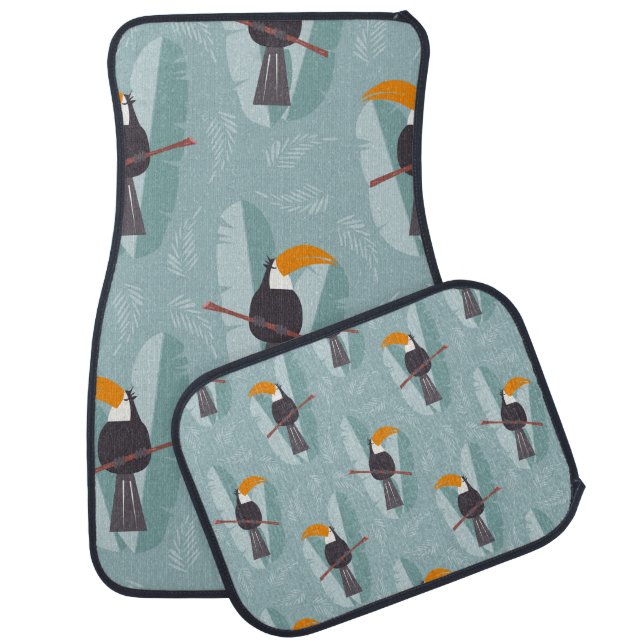 Seamless pattern with cute jungle parrot toucan on car floor mat (Set)