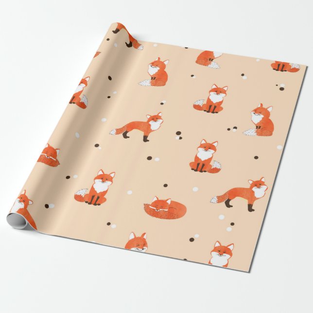 Seamless pattern with cute watercolor foxes. Vinta Wrapping Paper (Unrolled)