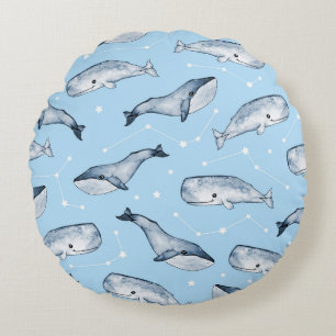 Seamless pattern with cute whales and stars. Water Round Pillow