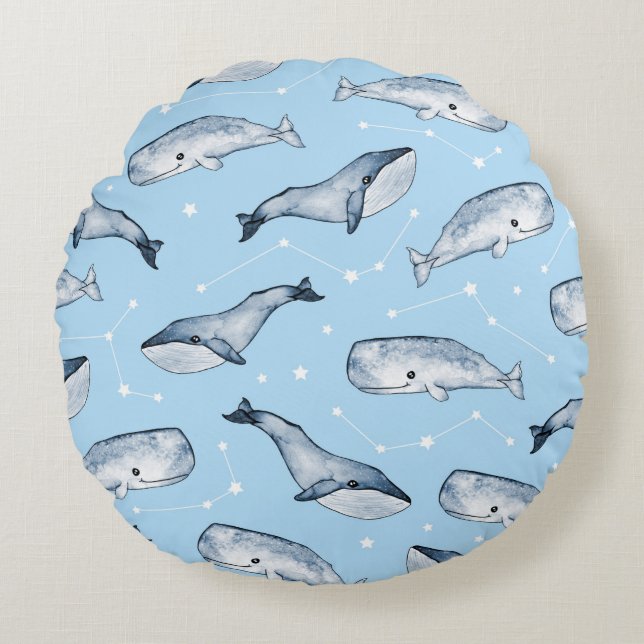 Seamless pattern with cute whales and stars. Water Round Pillow (Front)
