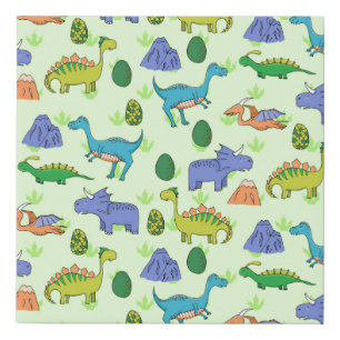 Seamless pattern with different cute dinosaurs, mo faux canvas print