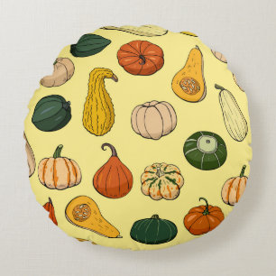 Seamless pattern with different hand drawn squashe round pillow