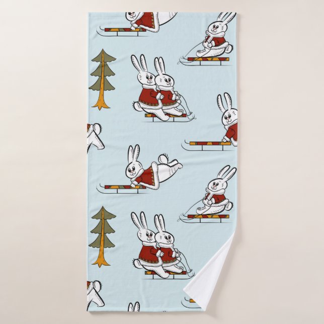 Seamless pattern with different rabbits on sleds i bath towel (Bath Towel)