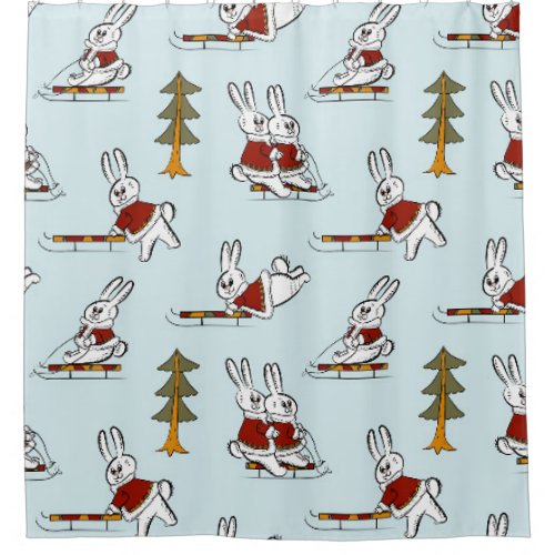 Seamless pattern with different rabbits on sleds i shower curtain