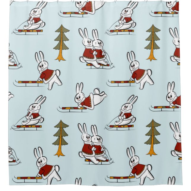 Seamless pattern with different rabbits on sleds i shower curtain (Front)