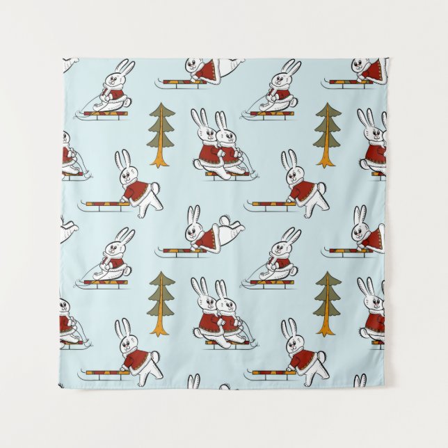 Seamless pattern with different rabbits on sleds i tapestry (Front)