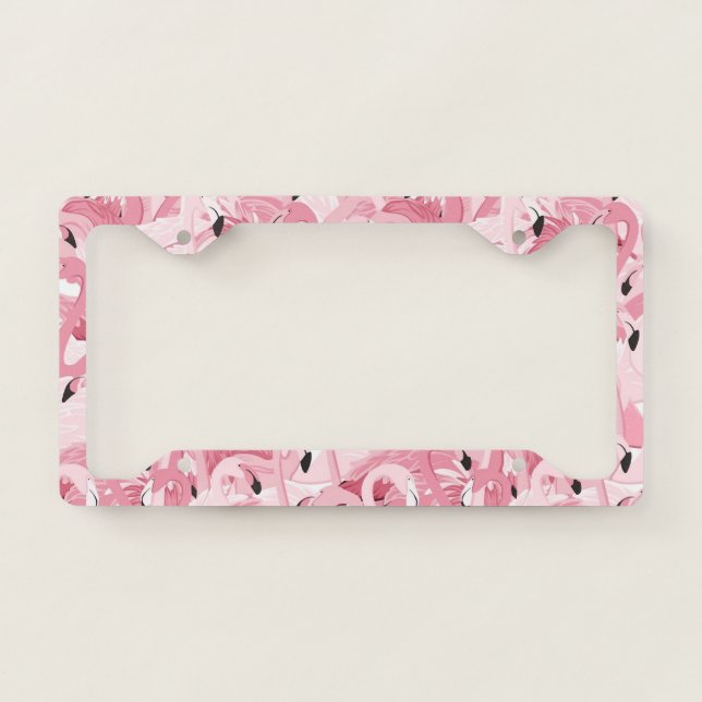 seamless pattern with exotic pink flamingos birds license plate frame (Front)