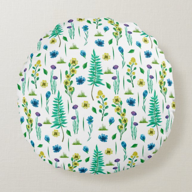 Seamless pattern with fern and flowers round pillow (Front)