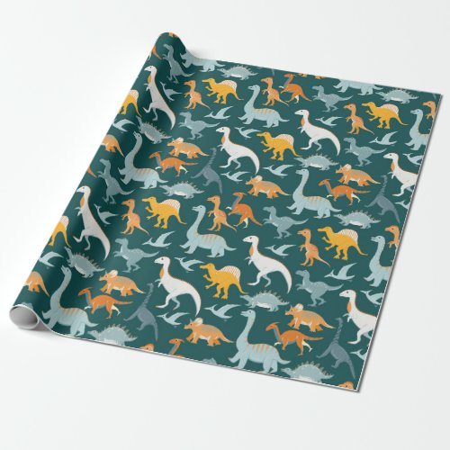 Seamless pattern with flat vector cartoon dinosaur wrapping paper