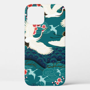 Seamless pattern with floral motives and cranescra iPhone 12 case