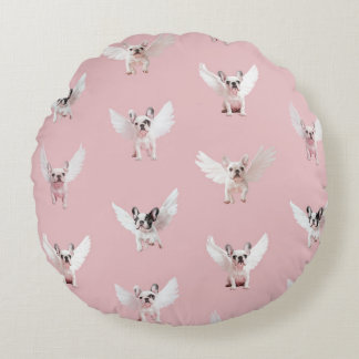 Seamless Pattern with Flying French Bulldog Round Pillow