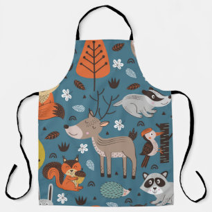 Seamless pattern with forest animals on blue backg apron
