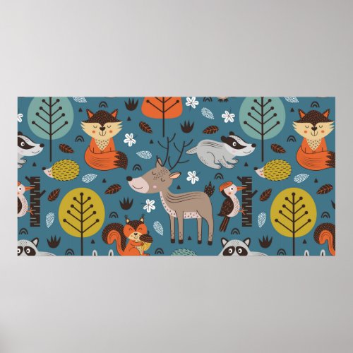 Seamless pattern with forest animals on blue backg poster