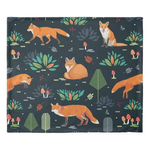 Seamless pattern with Foxes trees leaves mushro Duvet Cover
