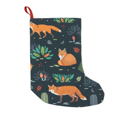 Seamless pattern with Foxes trees leaves mushro Small Christmas Stocking