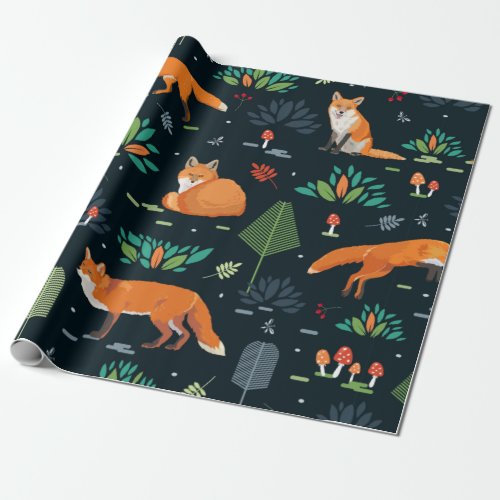 Seamless pattern with Foxes trees leaves mushro Wrapping Paper