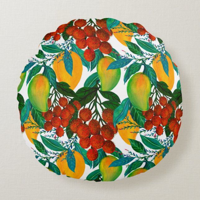 Seamless pattern with fresh bright exotic mango ra round pillow (Front)