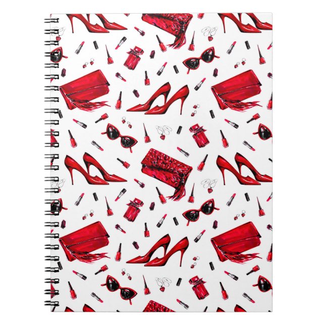 Seamless pattern with girl things in red color notebook (Front)