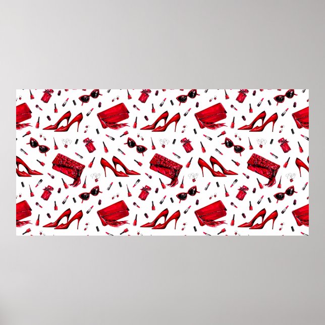 Seamless pattern with girl things in red color poster (Front)
