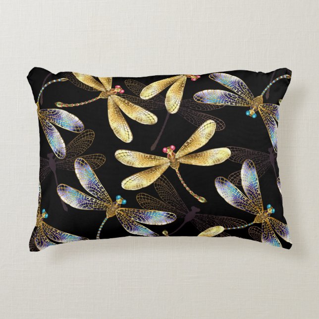 Seamless Pattern with Golden Dragonflies Accent Pillow (Front)