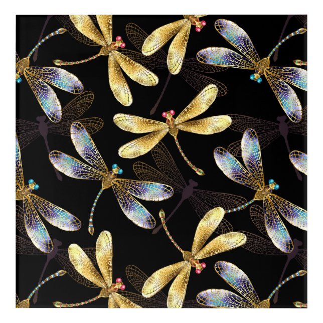 Seamless Pattern with Golden Dragonflies Acrylic Print (Front)