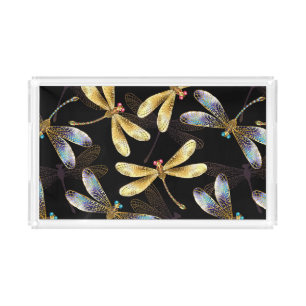 Seamless Pattern with Golden Dragonflies Acrylic Tray