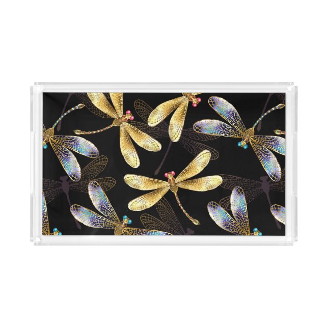 Seamless Pattern with Golden Dragonflies Acrylic Tray (Front)