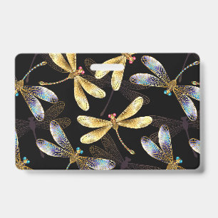 Seamless Pattern with Golden Dragonflies Badge
