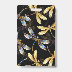 Seamless Pattern with Golden Dragonflies Badge