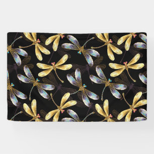 Seamless Pattern with Golden Dragonflies Banner