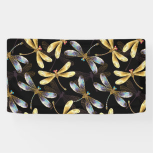 Seamless Pattern with Golden Dragonflies Banner