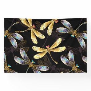 Seamless Pattern with Golden Dragonflies Banner