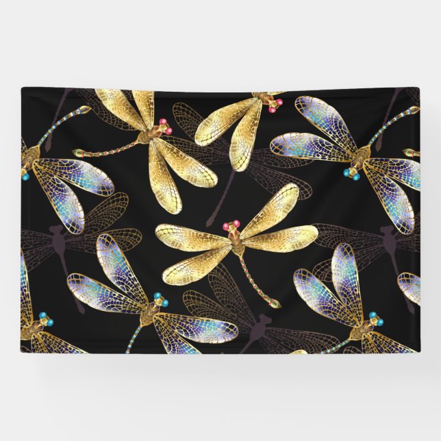 Seamless Pattern with Golden Dragonflies Banner (Horizontal)