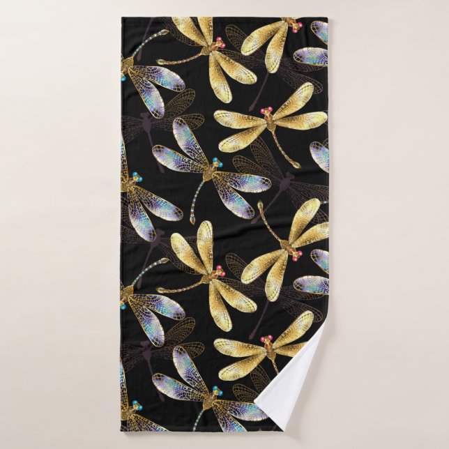 Seamless Pattern with Golden Dragonflies Bath Towel (Bath Towel)