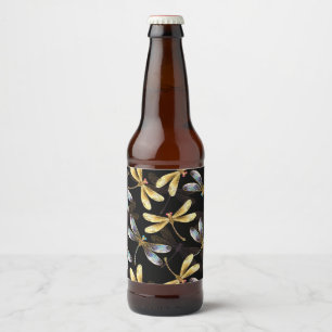 Seamless Pattern with Golden Dragonflies Beer Bottle Label