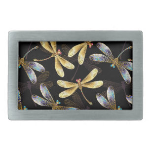 Seamless Pattern with Golden Dragonflies Belt Buckle