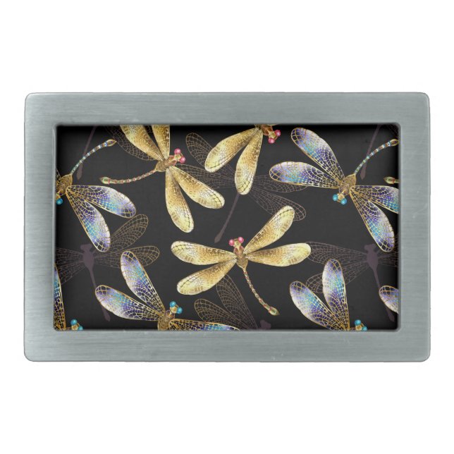 Seamless Pattern with Golden Dragonflies Belt Buckle (Front)