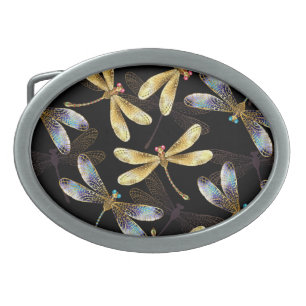 Seamless Pattern with Golden Dragonflies Belt Buckle