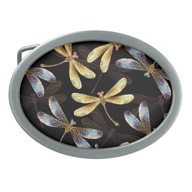 Seamless Pattern with Golden Dragonflies Belt Buckle (Front)
