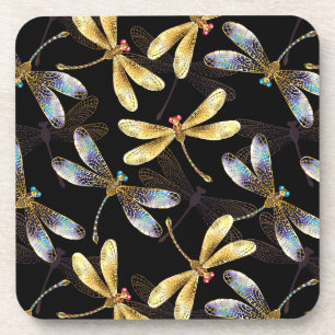 Seamless Pattern with Golden Dragonflies Beverage Coaster