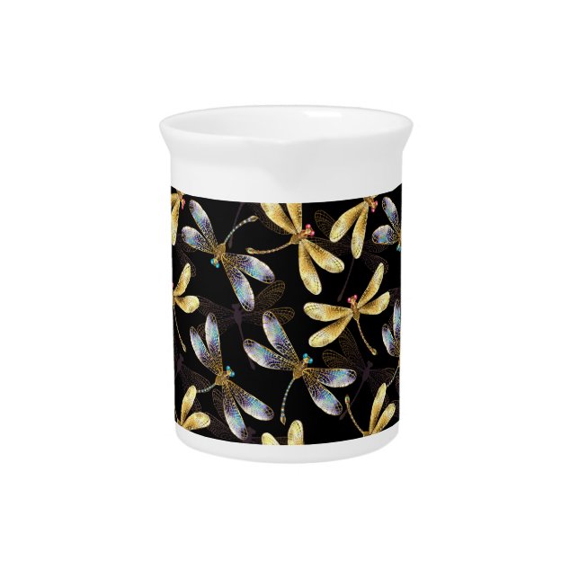 Seamless Pattern with Golden Dragonflies Beverage Pitcher (Front)