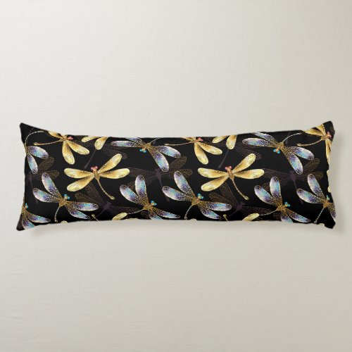 Seamless Pattern with Golden Dragonflies Body Pillow