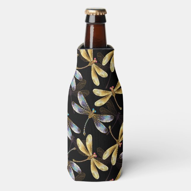 Seamless Pattern with Golden Dragonflies Bottle Cooler (Bottle Front)