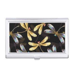 Seamless Pattern with Golden Dragonflies Business Card Case