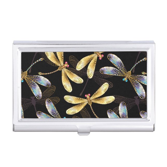 Seamless Pattern with Golden Dragonflies Business Card Case (Front)