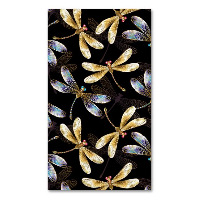 Seamless Pattern with Golden Dragonflies Business Card Magnet (Front Vertical)