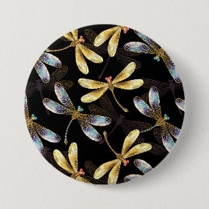Seamless Pattern with Golden Dragonflies Button